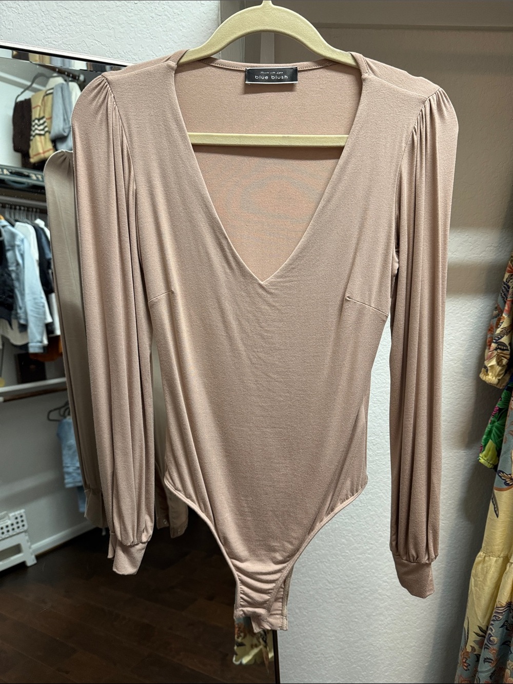 Blue Blush Blush-Tone V-Neck Long Sleeve Bodysuit